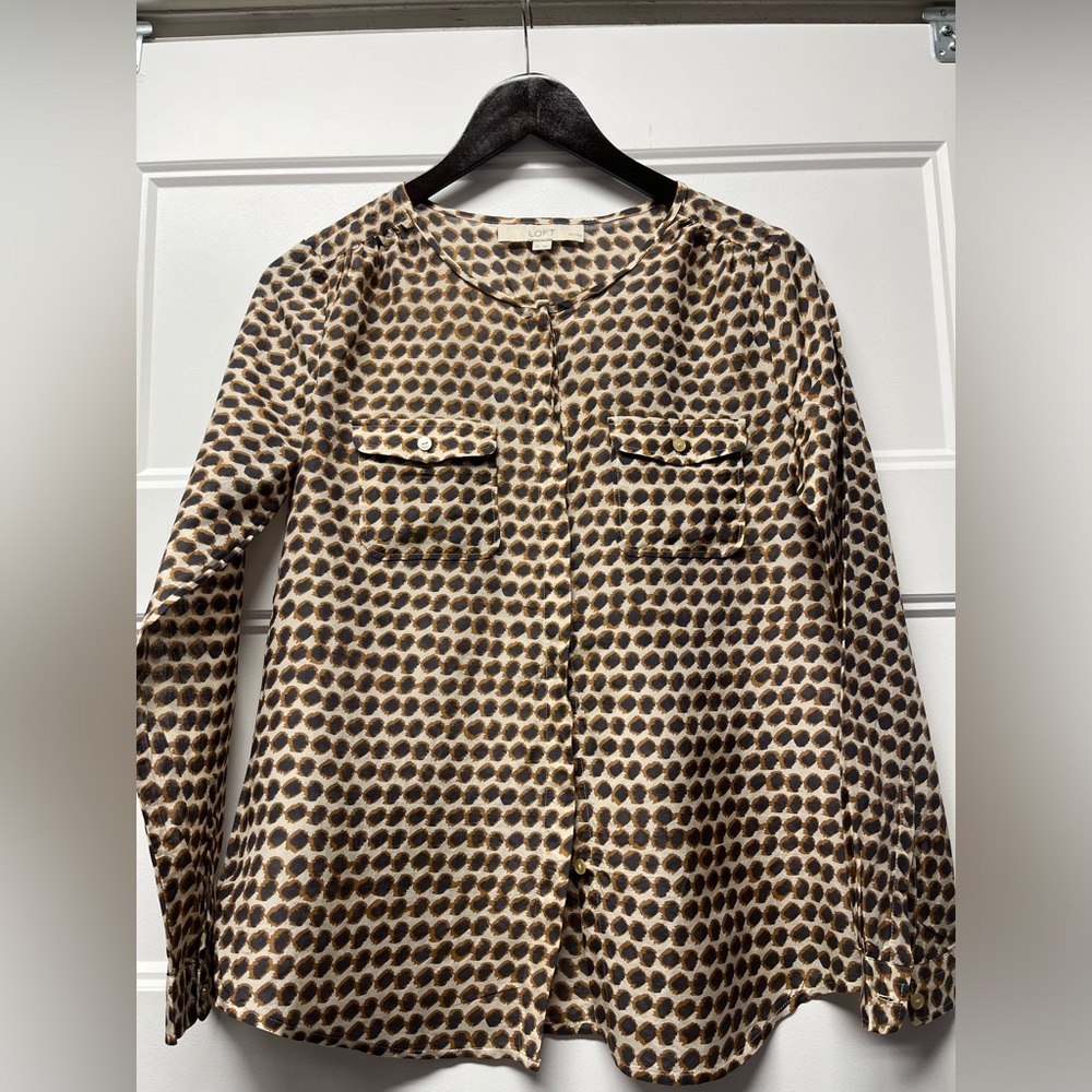 LOFT Cream and Brown Printed Long Sleeve Blouse